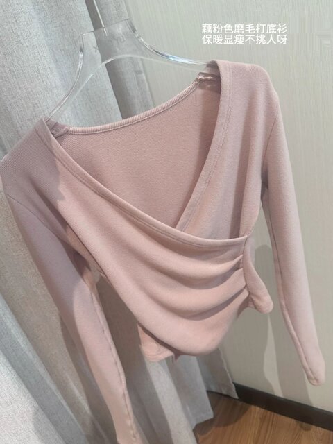 Korean Style Cross V-Neck Long-Sleeved Knitwear for Women, Autumn and Winter Style, Asymmetrical Hem, Slim Fit, Versatile Bottoming Shirt, T-Shirt Top