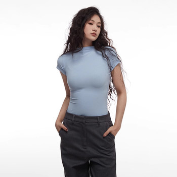 American Style Spicy Girl Tight-Fitting Half-High Collar Short Top for Women, Summer 2025 New Slim-Fit Regular Shoulder Solid Color Short-Sleeve T-Shirt