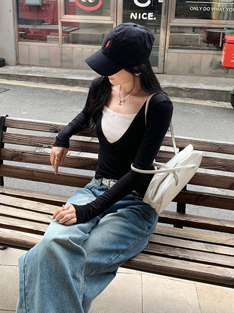 Black Square-Neck Faux Two-Piece Tencel T-Shirt for Women, Autumn and Winter Style, Slim-Fit, Color-Blocking, Long-Sleeve Base Layer Top