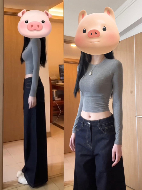 American-Style Fitted Long-Sleeve T-Shirt for Women, Early Autumn New Style, Short Slim-Fit Top That Makes You Look Slimmer, Sweet and Spicy