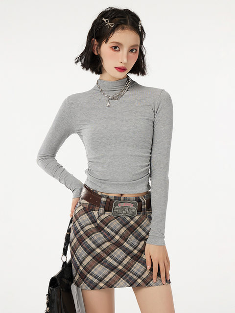 American-Style Half-High Collar Long-Sleeve Base Layer Top for Women, Autumn and Winter Design, Stand-Up Collar, Tight-Fitting, Pleated, Slimming Base Shirt