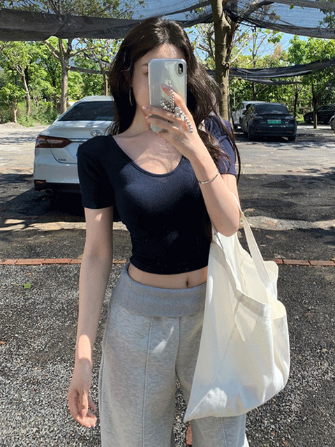 Pure Desire U-Neck Spicy Girl Short-Sleeve T-Shirt for Women, Summer 2025 New Style, Regular Shoulder, High-Waisted, Slimming, Low-Neck, Collarbone-Exposing Short Top