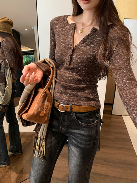 Mixed-Color Henry Collar Floral Yarn Long-Sleeve Knit Top for Women, Autumn and Winter, Light and Mature, Niche Soft and Cozy Style, Half-Open V-Neck Inner Wear