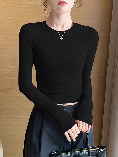 Black Round-Neck Long-Sleeve T-Shirt for Women, Autumn/Winter 2025 New Stylish Slim-Fit Top