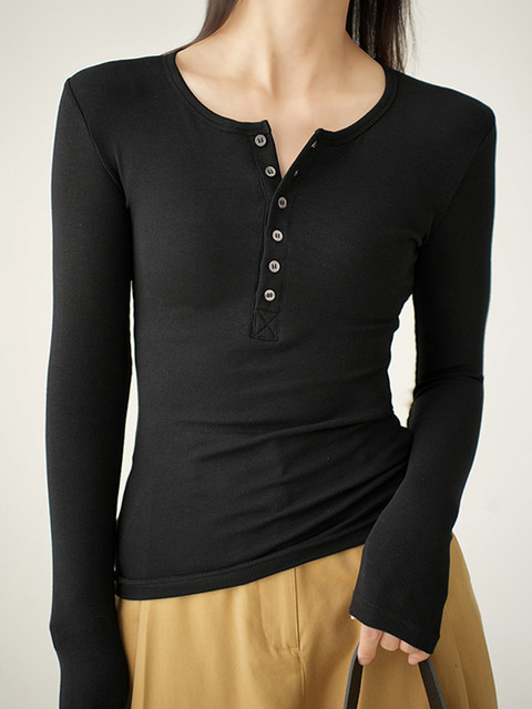 Threaded Button Henry Collar Long-Sleeve Inner T-Shirt for Women, Autumn and Winter American Style Unique Half-Open Collar Slimming Base Shirt Top