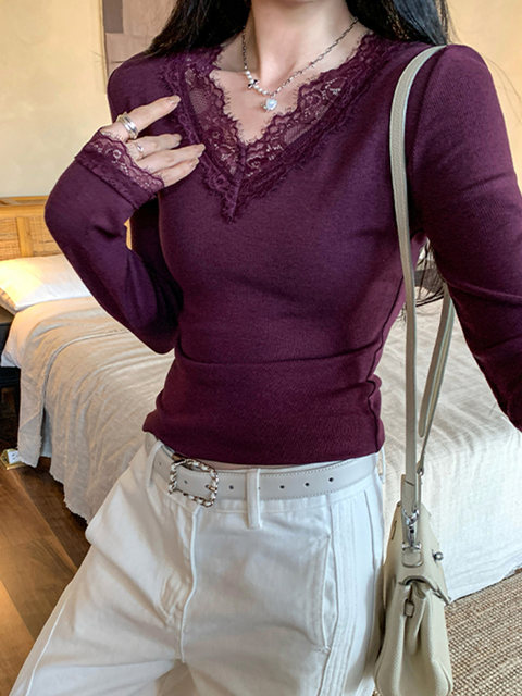 Pure Desire Lace V-Neck Long-Sleeve Undershirt for Women, Autumn and Winter Gentle Style, Sexy Tight-Fitting Slimming T-Shirt Top