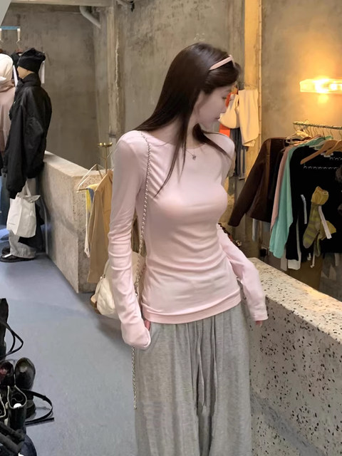 Round Neck Long-Sleeved T-Shirt Base Shirt for Women Spring 2026 New Thin Style Solid Color Simple Casual Waist-Cinching Slimming Top