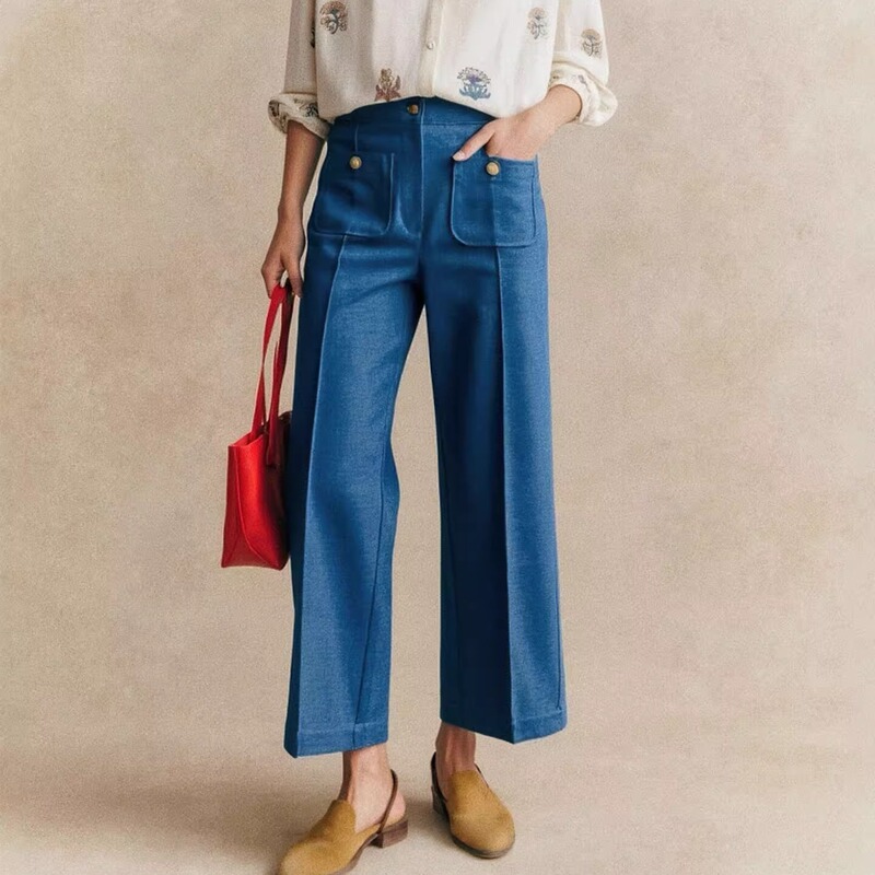 Saki French-Style Niche High-Waisted Pocket Button-Decorated Jeans with Three-Dimensional Center Seam Wide-Leg Pants, Cropped Pants, Casual Pants