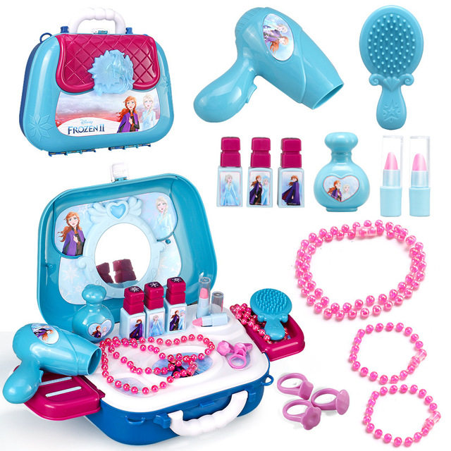 Frozen Aisha portable makeup backpack girl dress up wine cosmetics Aisha hair dryer simulation toy