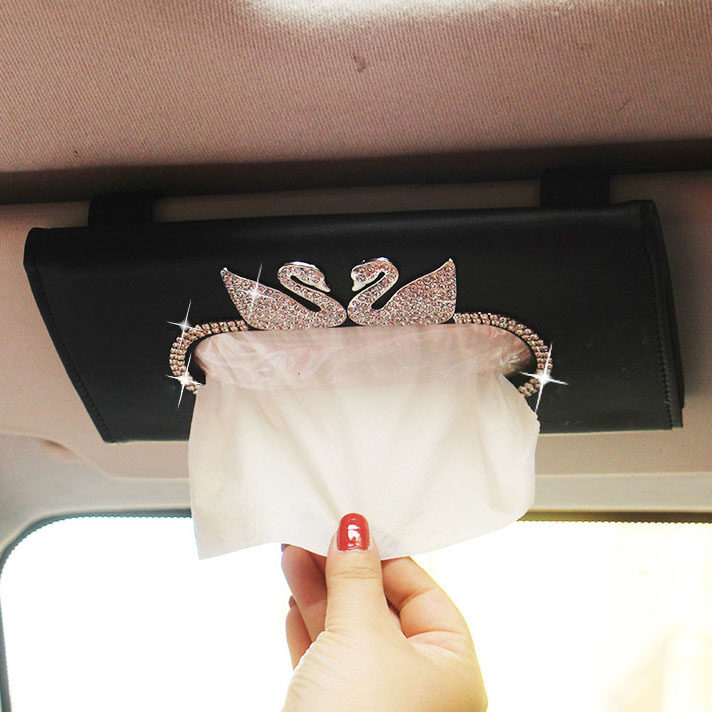 Car toilet paper box Swan diamond hanging creative pearl Car sun visor sunroof patch towel box clip women's tissue cover