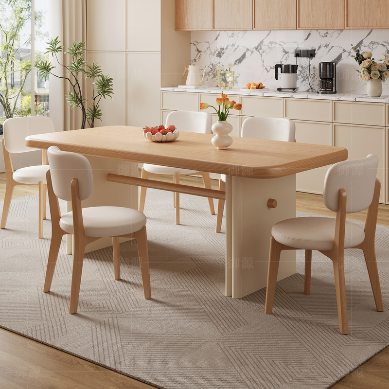Cream-Colored Rectangular Creative Solid Wood Dining Table and Chair Set for Home Use in Small Apartments, Natural Wood Color Dining Table, 2026 New Model Cream-Colored Rectangular Creative Solid Wood Dining Table and Chair Set for Home Use in Small Apartments, Natural Wood Color Dining Table, 2026 New Model