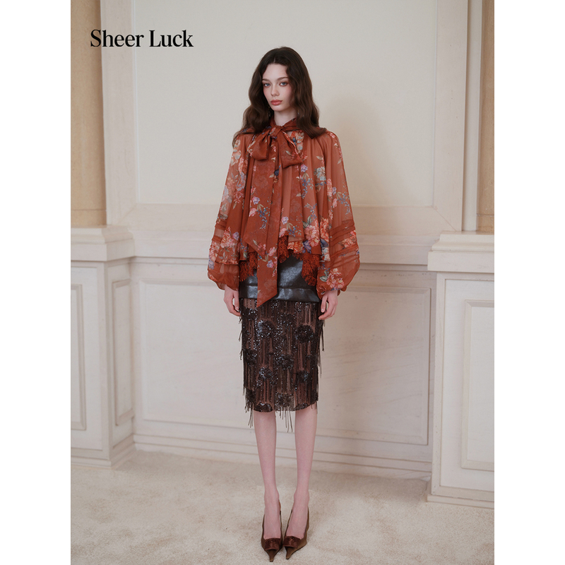 Sheer Luck Roselle Retro Floral Print Bow Chiffon Stand Collar Lace Flowing Shirt Sheer Luck Roselle Retro Floral Print Bow Chiffon Stand Collar Lace Flowing Shirt