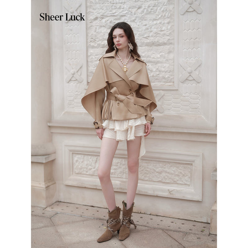 Sheer Luck Hourglass Retro Style Cape-Style Wool Lyocell Short Hourglass Trench Coat for Women