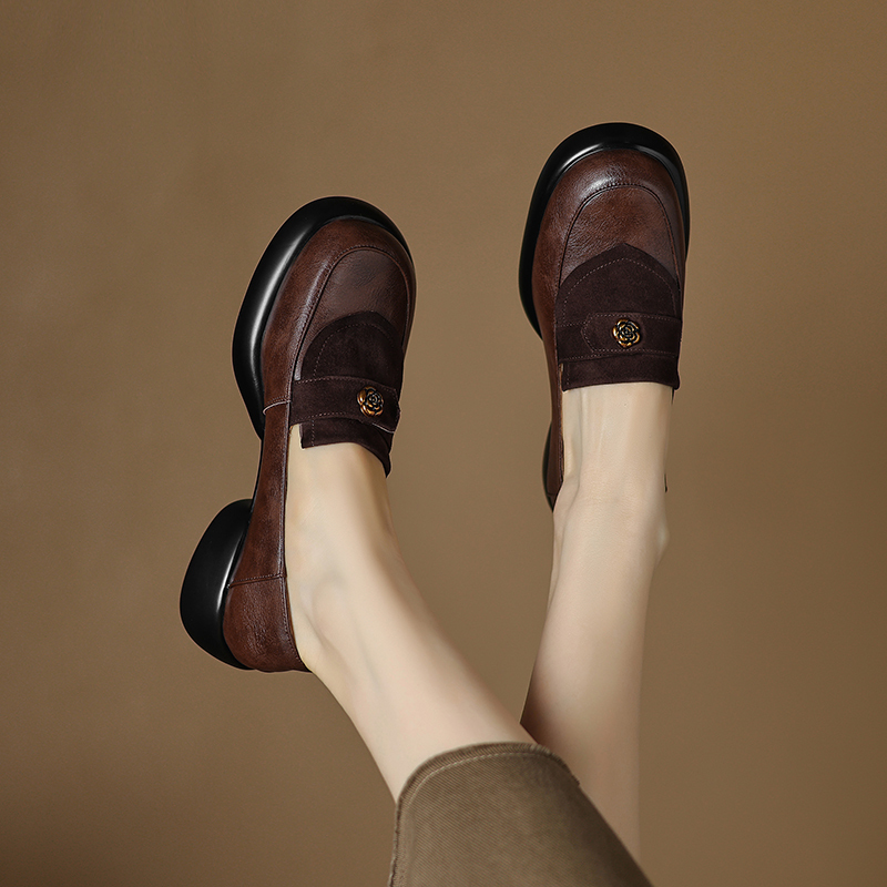 British Style Genuine Leather Versatile Thick-Soled Loafers for Women 2024 Autumn New Retro Camellia Platform Deep-Cut Single Shoes
