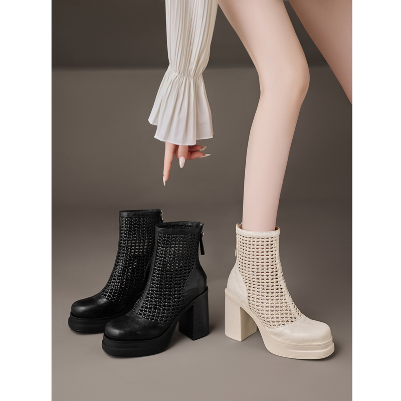 10cm European and American Style Sexy Ultra-High Heel Hollow-Out Thin Short Boots for Women, Summer Genuine Leather Breathable Waterproof Platform Chunky Heel Sandals