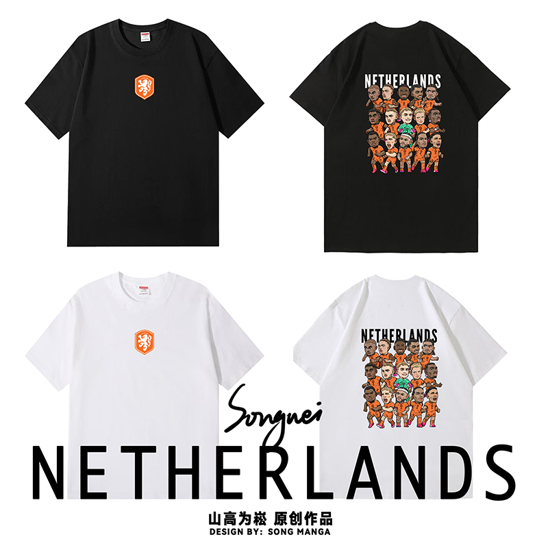 Netherlands Team Hand-Drawn Comic T-Shirt 240g Heavyweight Pure Cotton T-Shirt, Loose Fit 2026 World Cup