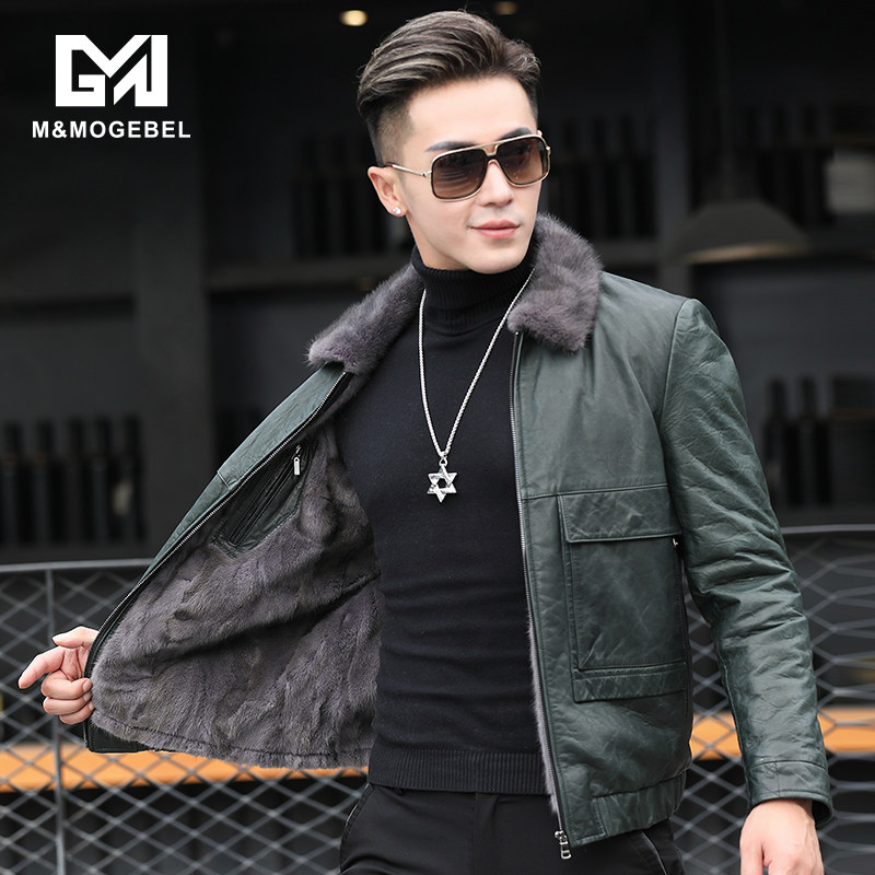Leather leather jacket men Haining sheepskin mink liner thick leather jacket short mink men's fur leather jacket