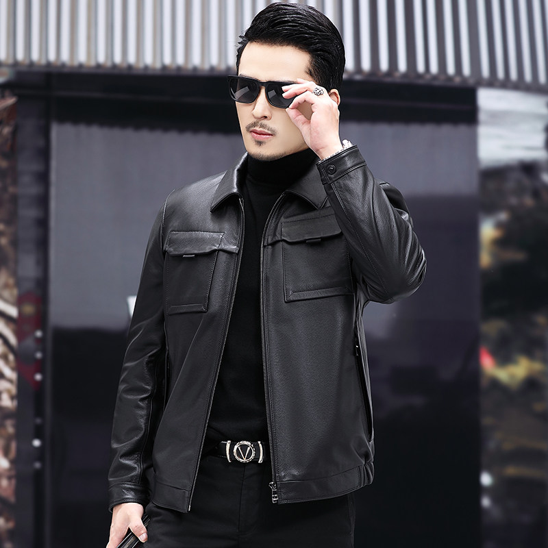 2021 new men's leather jacket leather leather jacket men's Haining leather jacket men's thin jacket lapel leather jacket