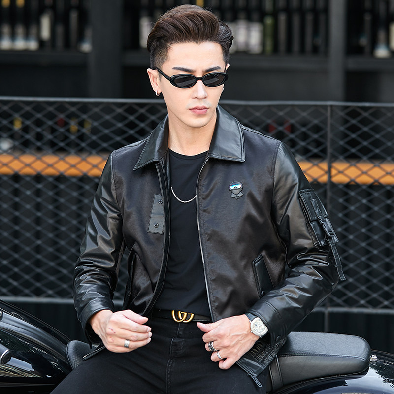 2021 new men's leather stitching leather leather leather men's goatskin jacket short casual warm leather