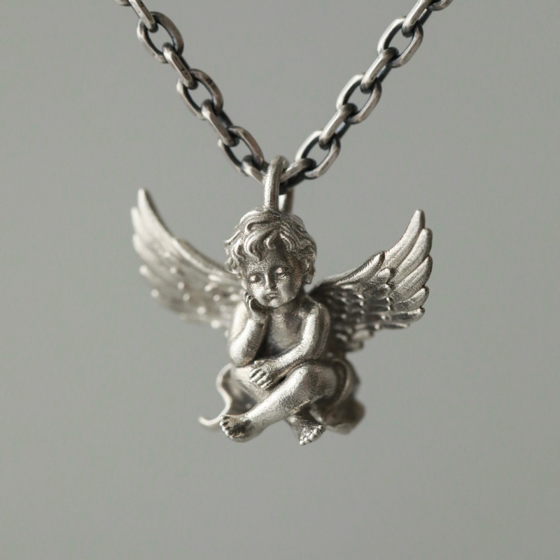 Original 925 Sterling Silver Vintage Little Angel Pendant Angel Cupid Necklace Men's and Women's Angel Wings Necklace