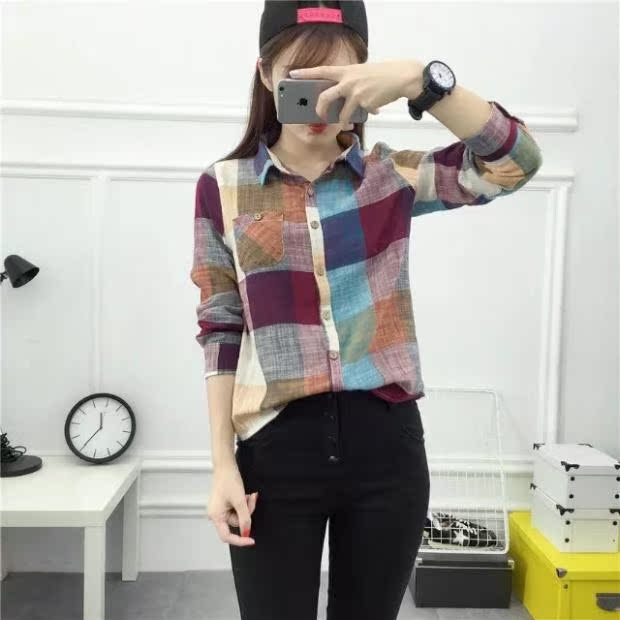 Mùa xuân và hè 2018 phiên bản mới của Hàn Quốc với kích thước lớn rộng rãi cotton và áo sơ mi kẻ sọc nữ dài tay hoang dã mỏng chạm đáy áo thủy triều ao so mi dep
