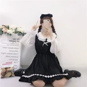 Mùa thu bow sọc A-line vest dress + ren vòng cổ dây đeo dài tay cơ sở voan áo sơ mi phù hợp với phụ nữ