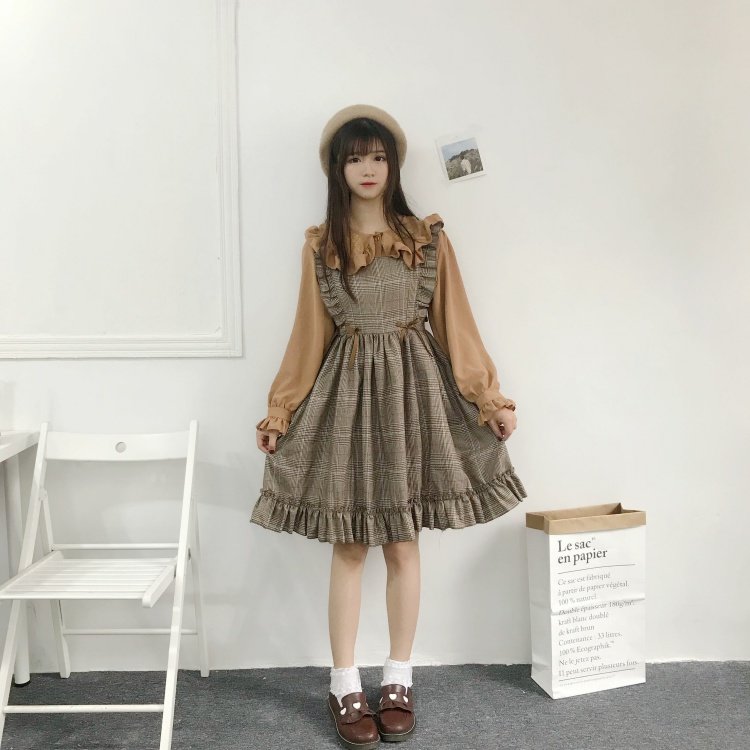 Mùa thu 2018 của phụ nữ mới Nhật Bản nhỏ tươi ngọt ngào kẻ sọc retro bằng gỗ cao eo đầm sơ mi thắt eo
