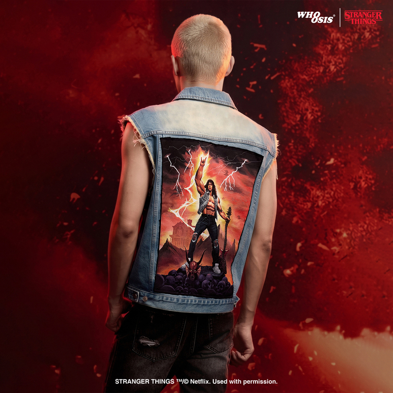 [Stranger Things Official Collaboration] Whoosis Hellfire Washed Light Blue Frayed Denim Vest for Men and Women