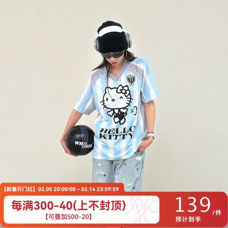 【HELLO KITTY公式連名】WHOOSIS刺繍ストライプフットボールユニフォーム半袖夏メンズアメリカンスタイル