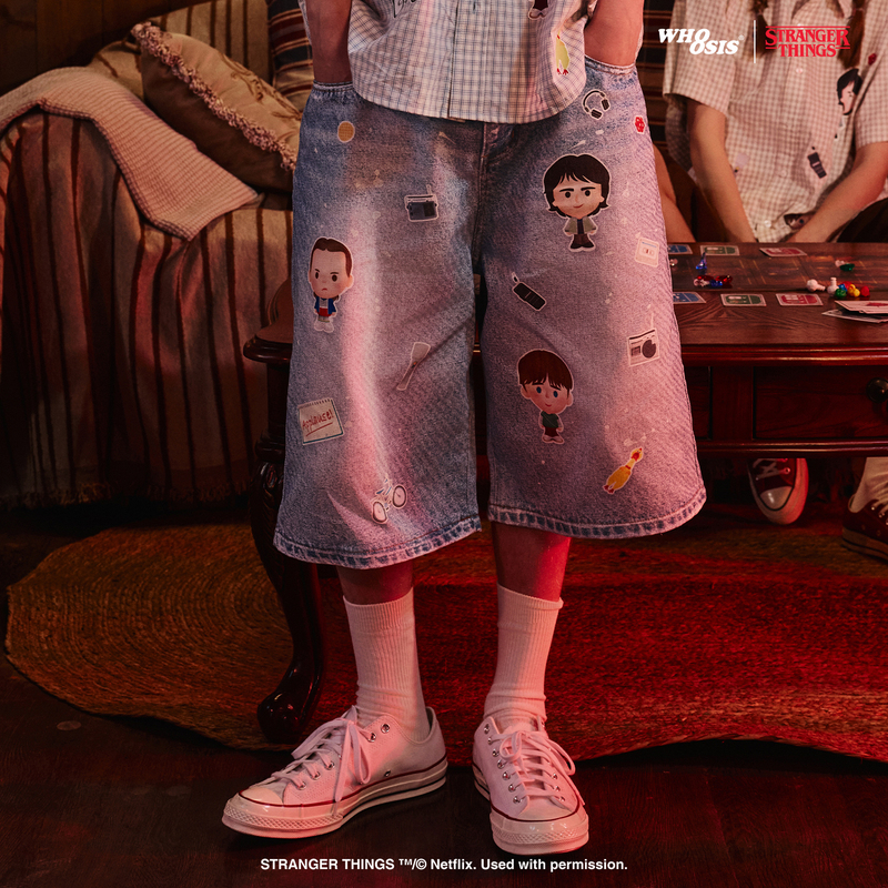 [Stranger Things Official Collaboration] Whoosis Character Sticker Print Denim Shorts Summer Unisex Loose Fit