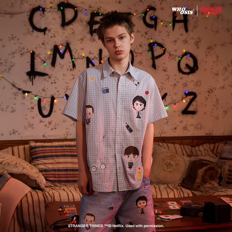 [Stranger Things Official Collaboration] Whoosis Character Sticker Print Plaid Short-Sleeve Shirt Casual Unisex