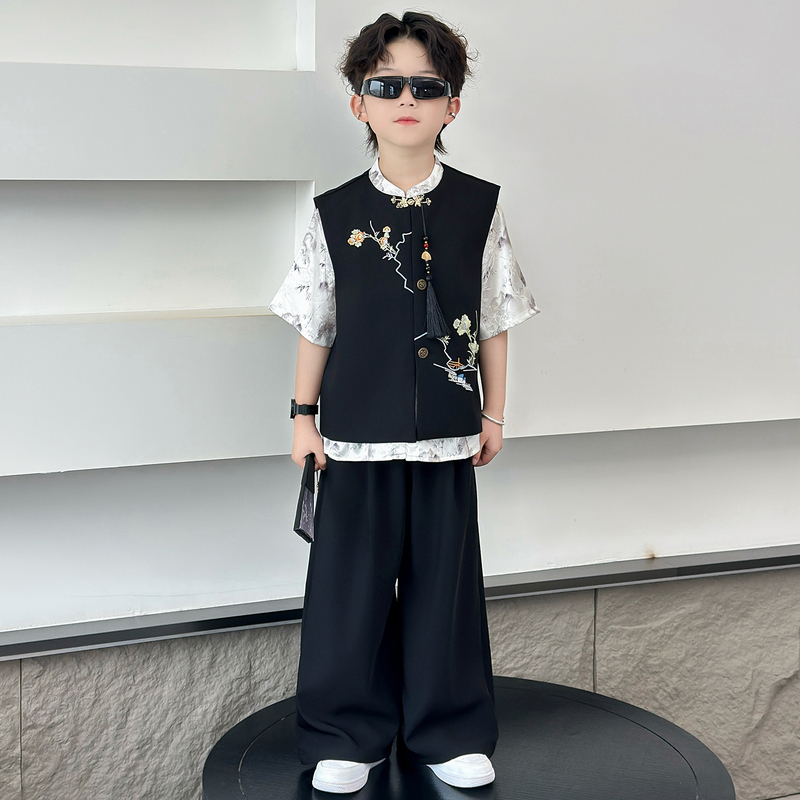 Boys' Chinese-Style Embroidered Formal Wear Tang Suit, High-End National Style Children's Thin Hanfu Set, Summer Little Gentleman Ancient Costume
