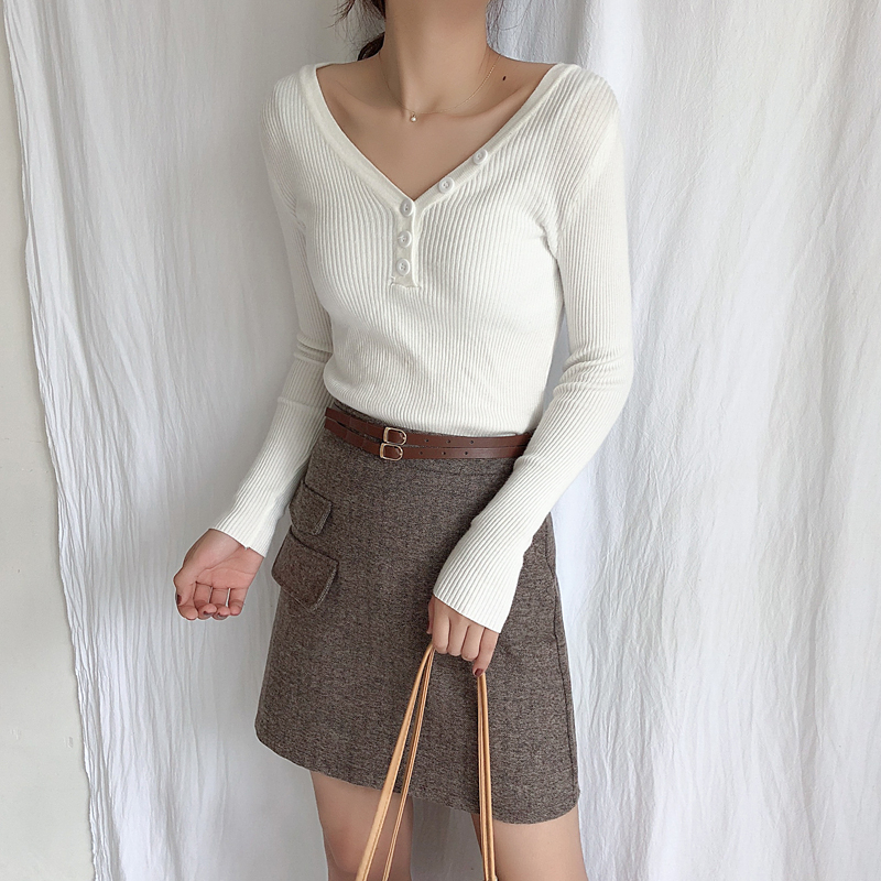 Áo len dệt kim nữ dài tay mùa thu Slim phiên bản Hàn Quốc của phần mỏng hoang dã bó sát áo khoác cổ chữ V nút áo len áo len form rộng