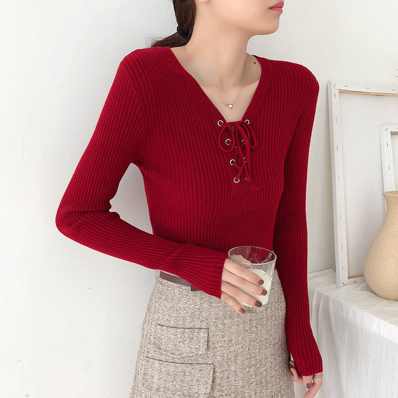 Áo len cổ chữ V có cổ tay dài mùa thu cho nữ tự trồng trọt hoang dã áo sơ mi bó sát sang trọng áo len mỏng mùa thu cardigan nữ