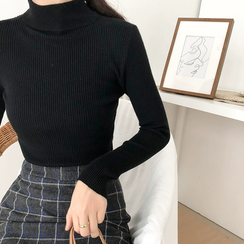 Mùa thu đông 2018 quần mới nửa cổ cao chạm đáy áo sơ mi mỏng bên trong áo len nữ Áo len dài tay thon