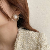 Advanced sense pearl earrings Korean temperament Net red round face thin circle earrings 2021 New Tide earrings female