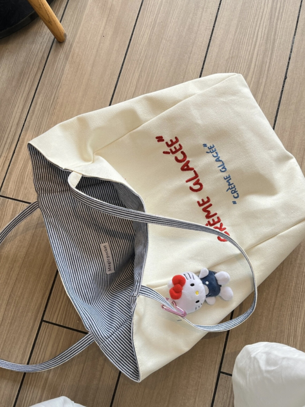Women's New Thickened Canvas Embroidered Korean Style Double-Sided Letter Large-Capacity Striped Simple Versatile Tote Bag Women's New Thickened Canvas Embroidered Korean Style Double-Sided Letter Large-Capacity Striped Simple Versatile Tote Bag