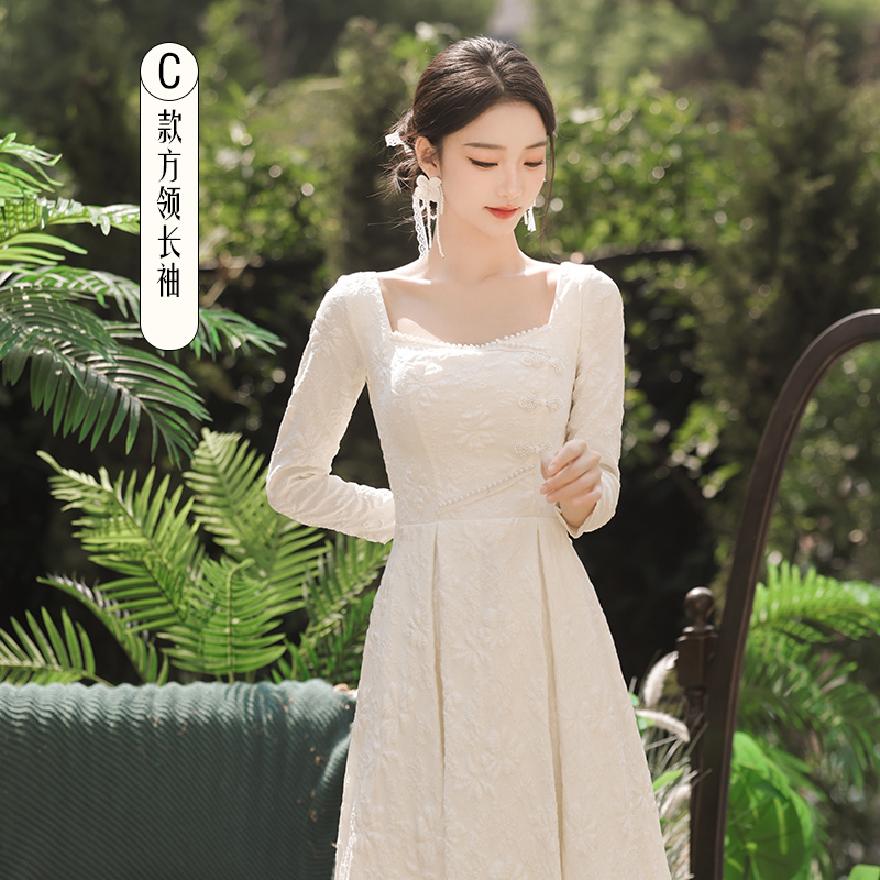  L+Long, mid-length, champagne color, square neckline, long sleeve   + $0.79 