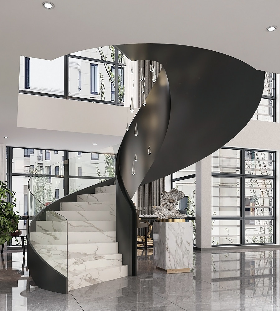 Spiral steel plate staircase modern aesthetic net red curved glass art glass staircase handrail design installation