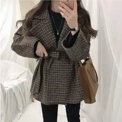 mularsa autumn and winter New thousand bird grid woolen short coat women's lace waist thick retro suit collar coat