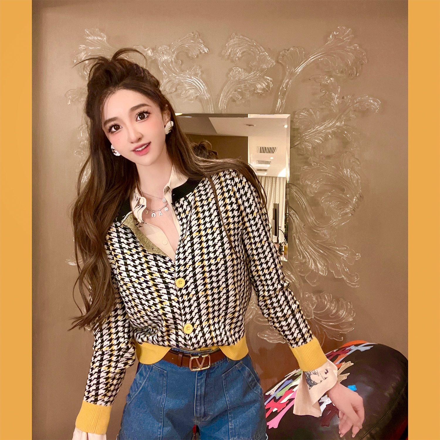 ALU's early spring private clothing OOTD Nanfa oil painting Jedi Bump Color Ji Fine Wool Cashmere Expensive knitted cardiovert