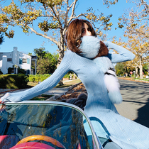 ALUONLINESHOP exquisite crystal nail bead decorative knitted dress women winter half high neck slim slim sweater skirt