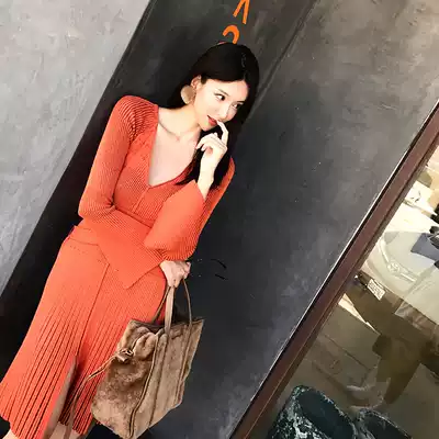 ALUONLINESHOP EUROPEAN AND American INS BLOGGERS HIGH-MATCH pumpkin orange knitted SLIM V-NECK DRESS