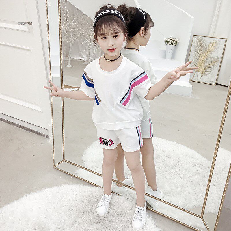 Girls suit 2022 summer cotton short-sleeved shorts two-piece loose-fitting middle-aged children's fashion sports suit loose