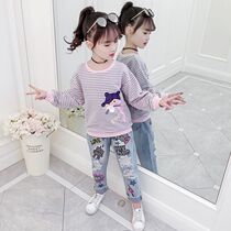 Girls undershirt the new long sleeve T-shirt primary school pupil Cartoon Set Head Sweatshirt Hooded Spring Episode Dress Striped Blouse
