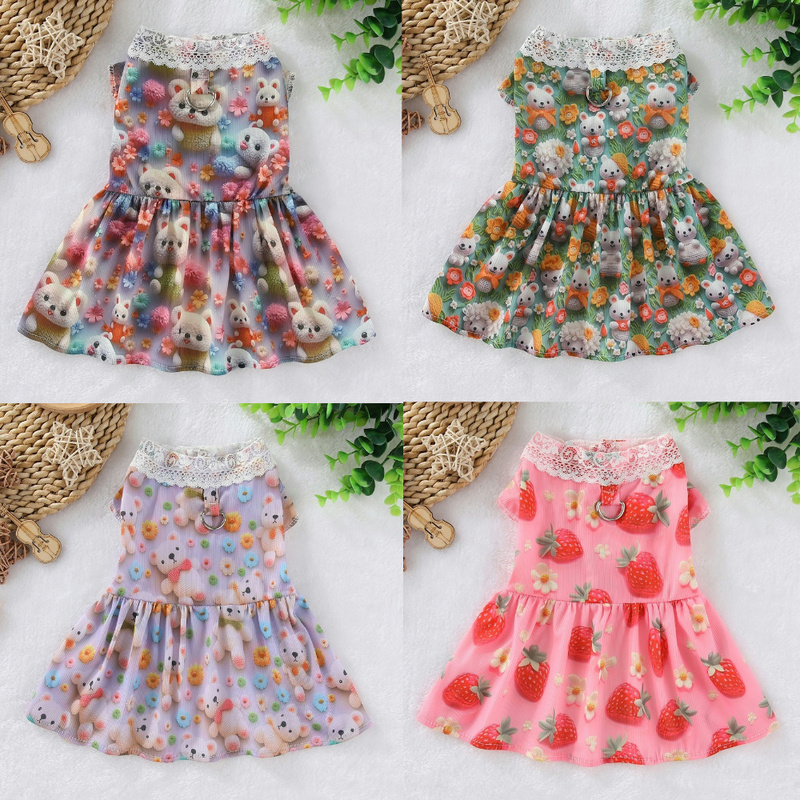 Pet Dog and Cat Clothes, Ice Silk 3D Printed Flutter Sleeve Dress with Cartoon Patterns, Dustproof for Small and Medium-Sized Dogs and Cats