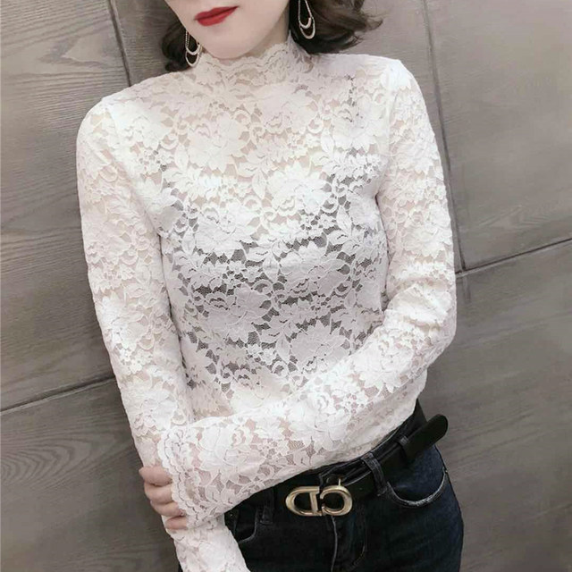 Lace shirts for women 2024 spring authentic European products, versatile, fashionable, Internet celebrity slim-fitting bottoming shirts, long-sleeved tops, trendy