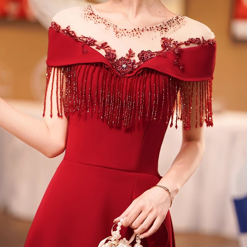 Burgundy Toast Dress, Fishtail Bride Wedding Dress, New Engagement Banquet Slimming Evening Dress, Women's High-End Feel