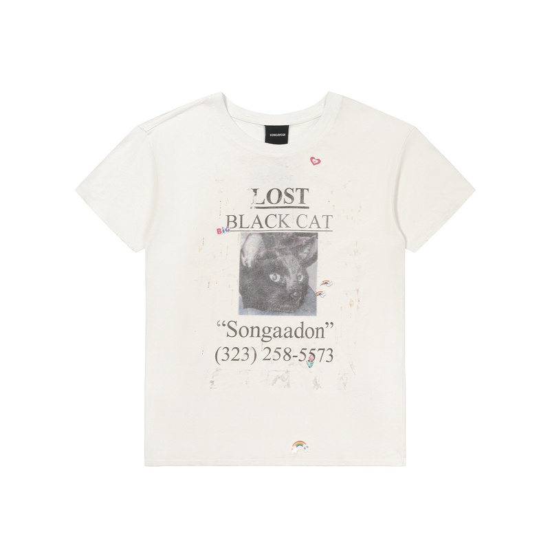 Songaadon 26Fw Lost Cat Stereo Heat Transfer Rhinestone Linen Lightweight T-Shirt
