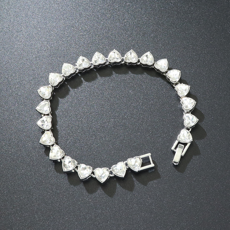 European and American Style 8mm Single Row Zircon Heart Diamond Bracelet Alloy Tennis Chain Full Diamond Peach Heart Bracelet Heart-Shaped Unisex Nightclub